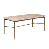 Nouve Wooden Dining Table 6 Seater with curved edges and vintage design, crafted from Burl Veneer and Stainless Steel, with a light-brushed satin brass finish on legs.